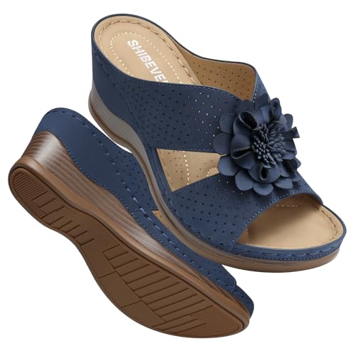 Image of SHIBEVER Womens Wedge Sandals Dressy: Arch Support Slip-On Comfortable Summer Sandals Open Toe Flower Casual Platform Shoes Size 5-11
