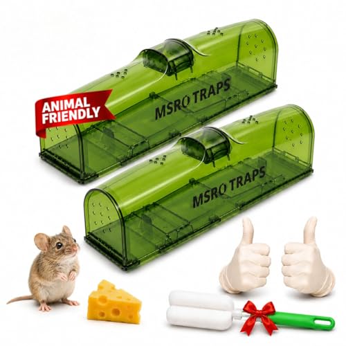 Humane Mouse Traps 2X Live Catch & Release Extra-Long Tail-Safe Dual Doors No-Kill Safe for Kids & Pets Includes Cleaning Brush & Pair of Gloves Reusable Indoor & Outdoor Mouse Traps By MSR
