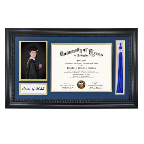 Class of 2025 Diploma Frame with Tassel Holder for 8.5x11 Certificate and 5x7 Photo,Solid Wood,Tempered Glass,Navy over Gold Mat