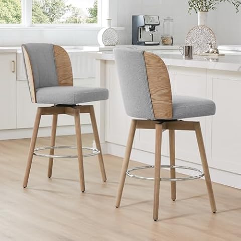 Watson & Whitely Counter Height Bar Stools Set of 2, 360° Swivel Upholstered Barstools with Back Wood Legs, 26" H Seat Height, Grey Cover