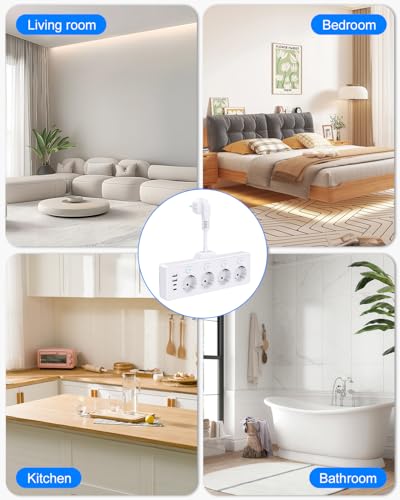 Steckdosenleiste mit USB, 4 Fach Mehrfachsteckdose Mit 2 USB C & 2 Type-C (5V 3.4A), 4 Unabhängige Schaltdosen Steckdosenadapter mit Kable USB Mehrfachstecker für Küche Büro, Hause und Reisen