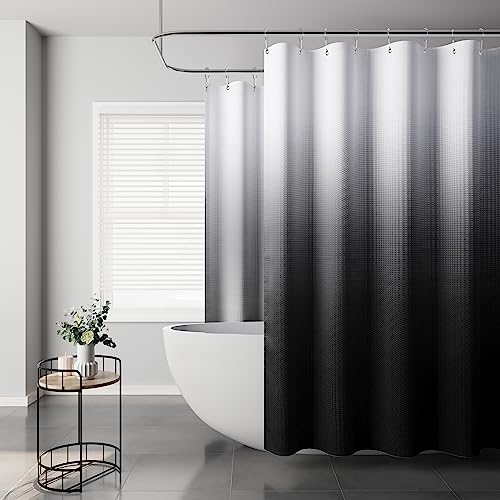 Naturoom Extra Wide Bath Curtain-108 Inch Wide Waffle Weave Fabric Shower Curtain, Ombre Black and White Shower Curtains for Bathroom, Neutral Hotel Curtains Set with 18 Stainless Hooks,108x72