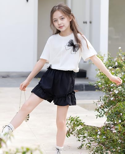 Image of Girls Summer 2 Piece Outfits Big Kids Ruffle Short Sleeve Cute Shorts Sets T Shirts and Shorts Clothing Sets 5-16Y
