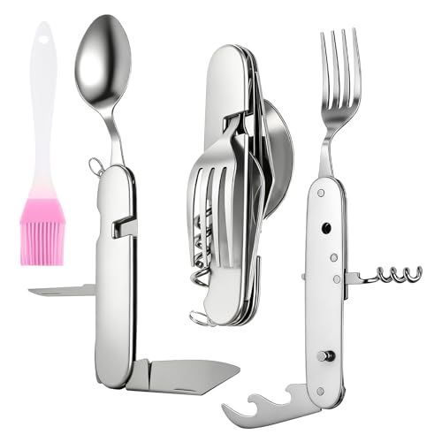 VOSSOT Couverts de Camping Pliants 6 en 1 Acier Inoxydable, Kit Multifonction Pliable avec Couteau, Fourchette, Cuillère, Ouvre-Bouteille et Pinceau BBQ Couvert Randonnée, Pique-nique, Survie, Voyage