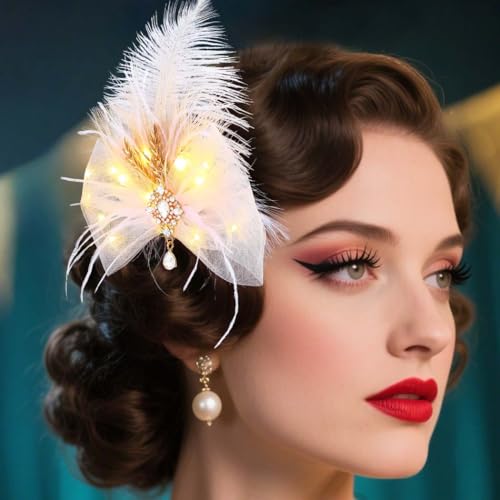 JAKAWIN Light Up Hair Bow Clip LED Feather Headpiece for