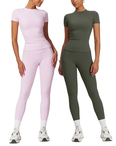 2 Piece Seamless Workout Sets Short Sleeve Yoga Tee Yoga Pants Sets Pad for Gym Running Workout Yoga Sets