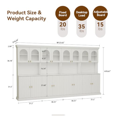 Image of ivaniti 71 inch Farmhouse Kitchen Pantry Cabinet Set of 4 with Arched Glass Doors, White Freestanding Coffee Bar Hutch with Microwave Stand and Adjustable Shelves for Kitchen