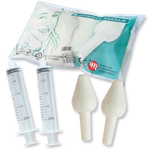 Set irrigatore nasale per LAVAGGIO NASALE, IGIENIZZABILE BY MARCO MALTONI, MADE IN EMILIA-ROMAGNA, 2 OLIVE NASALI GOMMOSE SMALL e 2 SIRINGHE da 20 ml