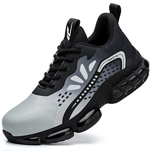 Micoklinlin Steel Toe Shoes for Men Lightweight Breathable Work Sneakers Anti-Smash and Anti-Puncture Safety Shoes Fashion Non-Slip Hiking Shoes Grey