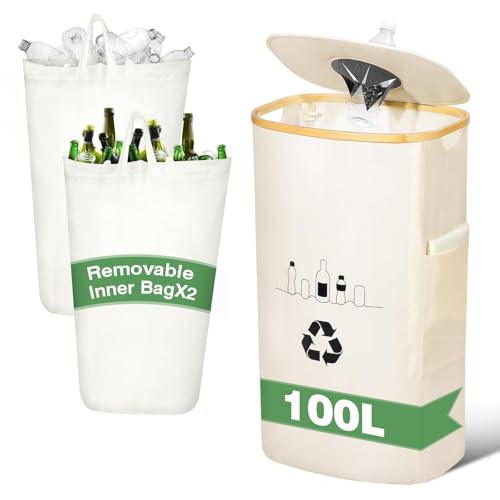 100L Recycling Bins for Kitchen Home, Deposit Bottle Collector Bins with Lid and 2 Reusable Inner Bags,Indoor Recyclable Waste Trash Sorting Organizer for Collecting Empties and Glass Waste(Off White)
