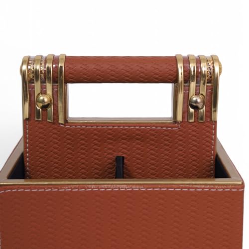 Image of HOME 360 Woven Pattern Leather Spoon Stand | Cutlery Stand with 4 Divider 18X16X13 CM | Use for Dining table| Organize Spoons | Forks | Cutlery | Home Decor | Spoons Holder | Cutlery Holder | Tan