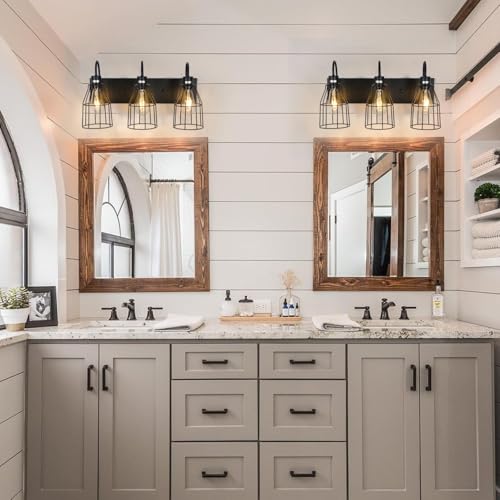 Image of Bathroom Light Fixtures, 3-Light Wall Sconce with Metal Cage, Farmhouse Vanity Light, Black Anti-Rust Wall Lamp for Mirror, Cabinets, Kitchen, Living Room, Workshop, Bedroom