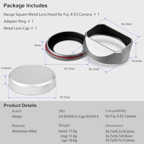 Haoge Squaret Metal Lens Hood for Fujifilm XF23mm F2.8 on XE5 Cemera Body kit Fujinon XF27mmF2.8 R WR Lense 39mm Screw-in Hood Silver,with Metal Cap by Haoge - Image 6