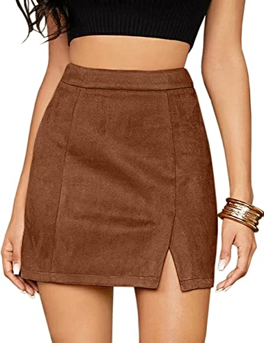 Mulisky Skirts for Women, Faux Suede High Waist Side Split Zipper Mini Skirts