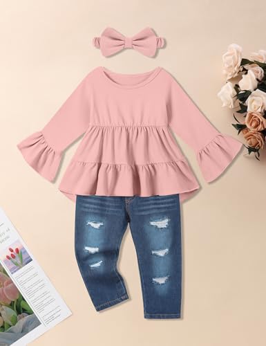 Image of Toddler Girl Clothes Long Sleeve Ruffle Dress Top and Jeans Pants Toddler Girl Fall Outfits