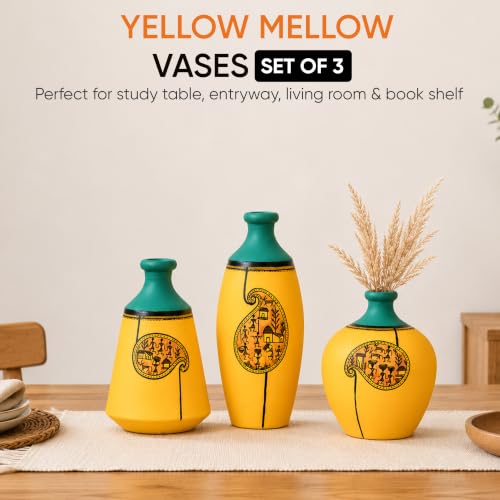 Image of Aakriti Art Creations Terracotta Vases Set of 3 | Handmade Yellow Warli Art Flower Vases Matte Finish Decorative Vases for Artificial Plants Home Decor & Gifting