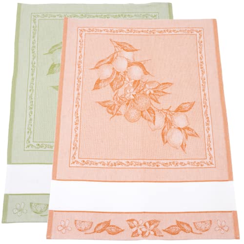 Filet - Set of 2 Jacquard Kitchen Towels with Aida Canvas Insert 55 Holes to Embroider, Ideal for Drying Tableware, Made in Italy, Lemon Design, Orange and Green