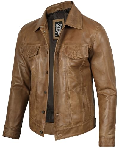 Image of fjackets Real Lambskin Vintage Trucker Leather Jacket Men - Shirt Collar Style Leather Jackets For Mens
