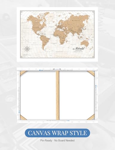 Image of IPIC - Vintage World Map Canvas Wall Art, Oversize Travel Map Print for Home, Office, or Study, Push Pin Wall Decor for Travel Lovers, Ready to Hang