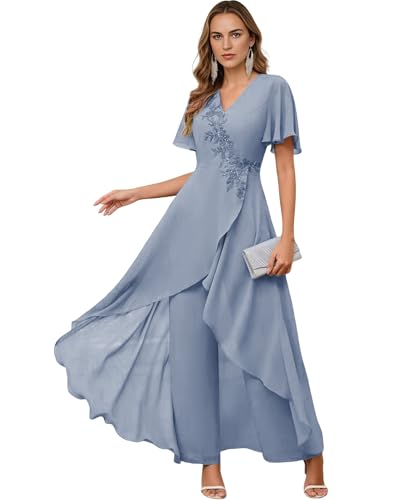 REIOKJT Mother of The Bride Pant Suits - Lace 3/4 Sleeves Chiffon Wedding Formal Jumpsuits Dusty Blue