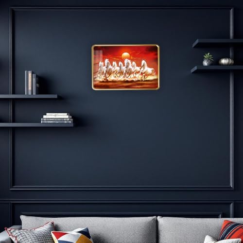 Image of 7 Running Horses Photo Frame, Ultra High Gloss Lamination, Vastu Painting for Living Room, Office, 12x18 Inch (Design 3)