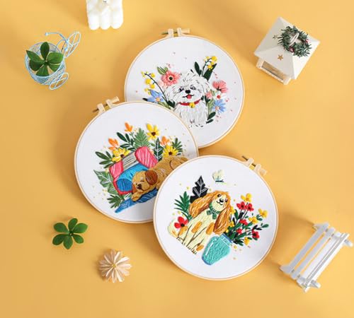 Image of Konrisa 3 pcs Dog Flower Embroidery Kits for Beginners, Needlepoint Cross Stitch Kits with Pattern, DIY Sewing Practice Kit, Include 1pcs Hoop
