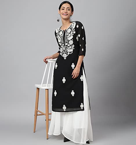 Image of RATAN Georgette Straight Lucknowi Chikankari Ethinic Wear Kurta for Women