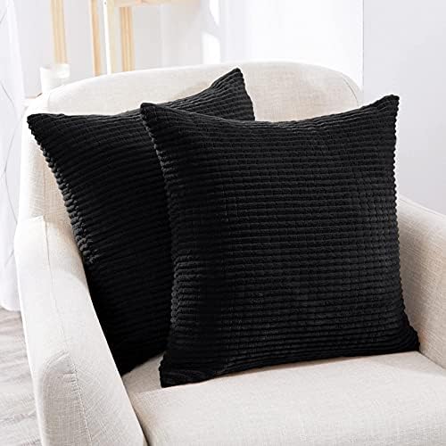 Deconovo Happy New Year Decorations, Halloween Throw Pillow Covers, Set of 2, Black 18x18 Inch, Corduroy Square Cushion Cover with Stripes Cases for Bedroom Sofa Living Room Couch