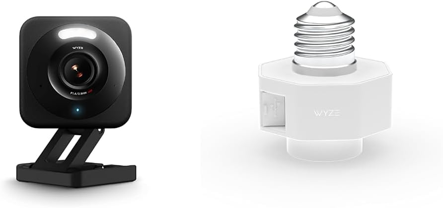 Paquete de WYZE Cam v4 con adaptador de corriente para lámpara Wyze, cámara de seguridad WiFi de 2,5 K, cámaras interiores/exteriores para seguridad del hogar, visión nocturna en color, audio de 2 vías