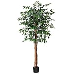SOGUYI 150cm Artificial Ficus Tree with Natural Wood Trunk, Silk Fake Ficus Tree in Plastic Nursery Pot, Faux Plant for Office Home, Indoor Outdoor Decor, 1 Pack