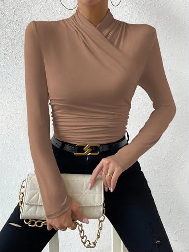 Image of SweatyRocks Women's Ruched Mock Neck Long Sleeve T Shirt Solid Slim Fitted Tee Tops