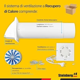 Steinberg14 Unità di VMC Decentralizzata 100 mm - Bianco Recuperatore di Calore con Cavo - VMC Doppio Flusso Recupero Calore - Scambiatore Aria a Parete