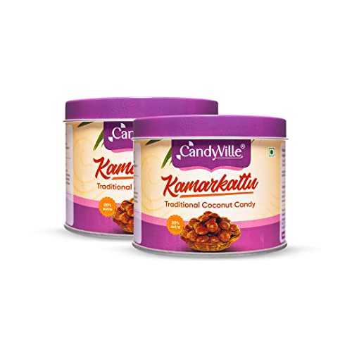 Image of CandyVille Kamarkattu Coconut & Jaggery Candy Tin (Pack Of 2)|Hard And Dark Roasted|Traditional Coconut Candy|Made With Jagger¦680 Gram