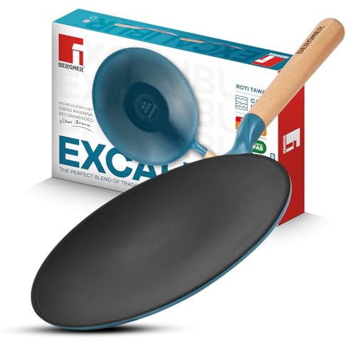 Image of BERGNER Excalibur Lightweight Cast Iron Roti Tawa 26cm, Sturdy Wooden Handle, Non-Stick Coating, PFAS Free, Perfect Heat Distribution, Elegant Design - Induction and Gas Stove Ready (Blue)