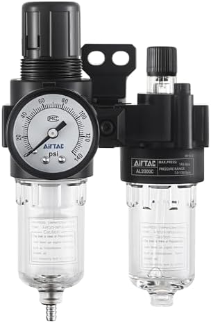 Compressed Air Filter Regulator Lubricator Combo Airtac AFC2000-C 1/4''NPT 0-140 PSI with Pressure Gauge Semi-Auto Drain 3 in 1 Two FR.L Unit