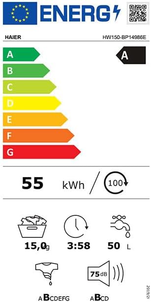 Energy label for Haier HW150-BP14986E washing machine, showing Class A efficiency, 55 kWh/100 cycles, 15 kg capacity, 3:58 cycle duration, 50 liters water consumption, and 75 dB noise level.