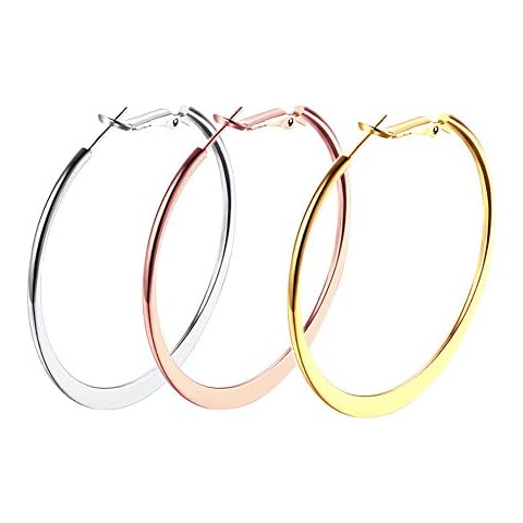 Holfeun 3 Pairs Big Flattened Hoop Earrings for Women, Hypoallergenic Stainless Steel Lightweghit Hoops in 14K Gold Plated/Rose Gold Plated/Silver for Women (50mm) Cover