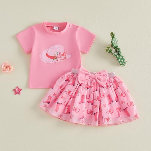 Image of Kayotuas Toddler Girl Summer Outfits Bow Embroidery Short Sleeve T-shirt and Sparkle Tutu Skirt Cute Sister Matching Dresses