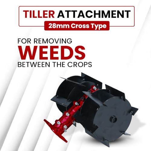BALWAAN Krishi Tiller Attachment 28MM Cross Type (RED) for Side Pack Brush Cutters | 14-inch Working Width | Remove Unwanted Weeds and Weeds in Fruits and Vegetables|TA-28C