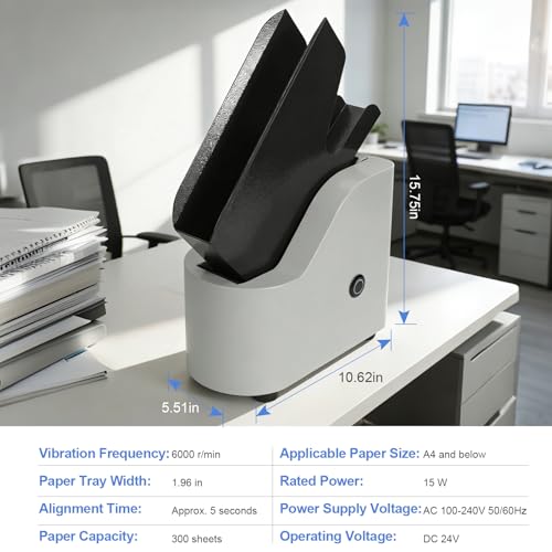 CHENNTAI Automatic Desktop Paper Jogger, 5-Second Sorting 300-Sheet Capacity 6000R/Min Vibration Air-Blowing Desktop Paper Organizer for A4/A5/A6 Paper Sizes