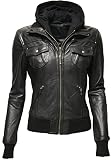 Damen Lederjacke Fibi in washed Schwarz, Rot, Dunkelrot, Vintage-Look, Brusttaschen-Design, abnehmbarer Westeinsatz mit Kapuze, Knautschiges Leder (DE/NL/SE/PL, Numerisch, 40, Schwarz)