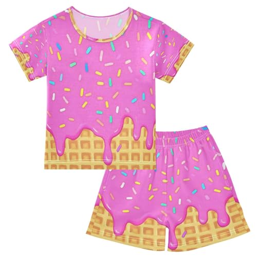 ALAZA Funny Waffle Ice Cream Pajamas Set Short Sleeve Cotton Sleepwear Summer Pjs 2 Piece 5-14Y