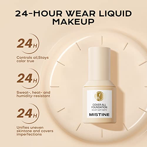 Mistine Liquid Foundation Makeup Full Coverage Foundation For Oily Skin,24 Hour Oil Control Makeup Foundation,Skin-Caring,Moisturizing Formula,Waterproof Foundation,Matte Finish,Classic Ivory,1 Fl Oz #TOP2