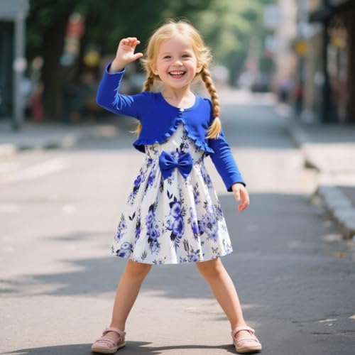 Vicloon Kleinkind Mädchen Kleid mit Strickjacke Set, Kleines Blumen ärmelloses Kleid und Rüschenmantel, 2Pcs Langarm Cardigan Outfit Set für Mädchen 5 Jahre, Blau