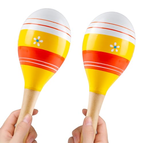 2PCS Wooden Maracas, 7.5 Inch Wooden Rumba Shaker Musical Instruments Colorful Wood Maracas Hand Percussion Rattles Fiesta Party Favors for Birthday, Event, School, Performance, Entertainment (Yellow)