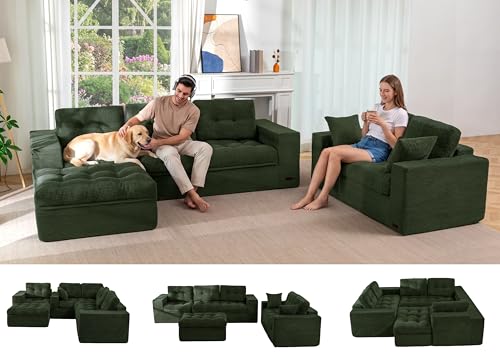 Image of MAXYOYO Modular Sectional Sofa with Ottoman and Loveseat, Cloud Boneless Couch with Layered Cushion, Flexible Module Combination Sofa for Living Room, No Assembly Required,Dark Green