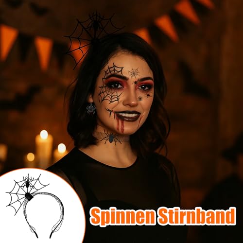 BaiDekun Spinnenkostüm Damen Set inklusive Spinnenweben-Strumpfhosen, Spinnennetz-Zubehör-Set, Spinnen-Gesichtstattoos, Spinnen-Halsbändern, Fledermaus-Kostüm Damen, Karneval