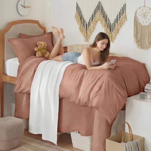 Image of Bedsure Prewashed Twin Duvet Cover, Cotton-Like Bedding Set, Mocha Mousse | Ultra Soft, Relaxed Texture, Twin XL Breathable Comfort, Hidden Zipper, 8 Corner Ties, Easy Care, OEKO-TEX, Year-Round Use