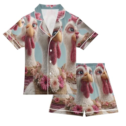 Satin Pajama Sets Short Sleeve Thanksgiving Turkey Floral Button Down Silky Nightwear 2 Piece PJS 5-14Y