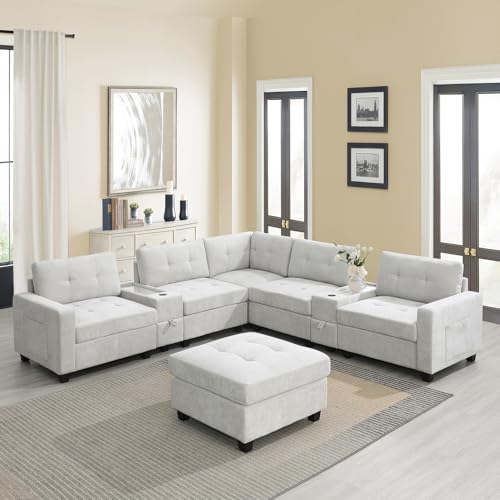 104'' Sectional Sofa with Acrylic Table Top, Comfy Chenille Sofa